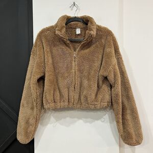 Offline By Aerie Cropped Fluffy Zip Up Brown Jacket Size Medium